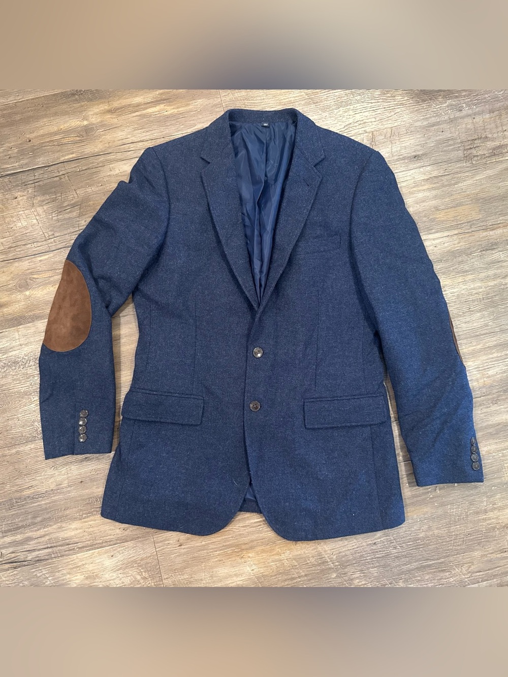 J. Crew Blazer Sz 40L Blue Tweed Wool Blend Suede Elbow Patches Single Vent